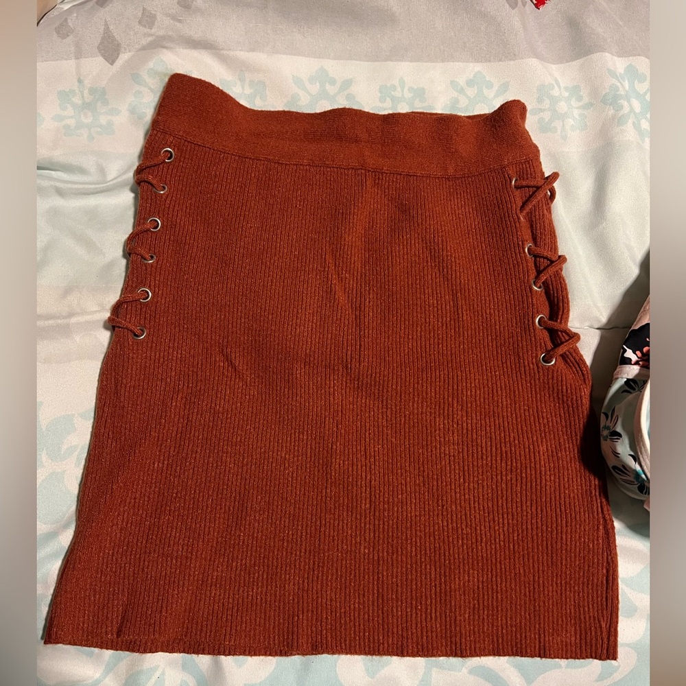 Burnt orange Rust Knit Skirt with Lace-Up Detail